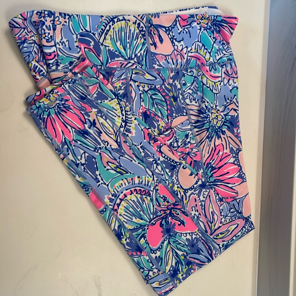 Lilly Pulitzer Luxletic Weekender Leggings Small Floral Pink Blue High Rise